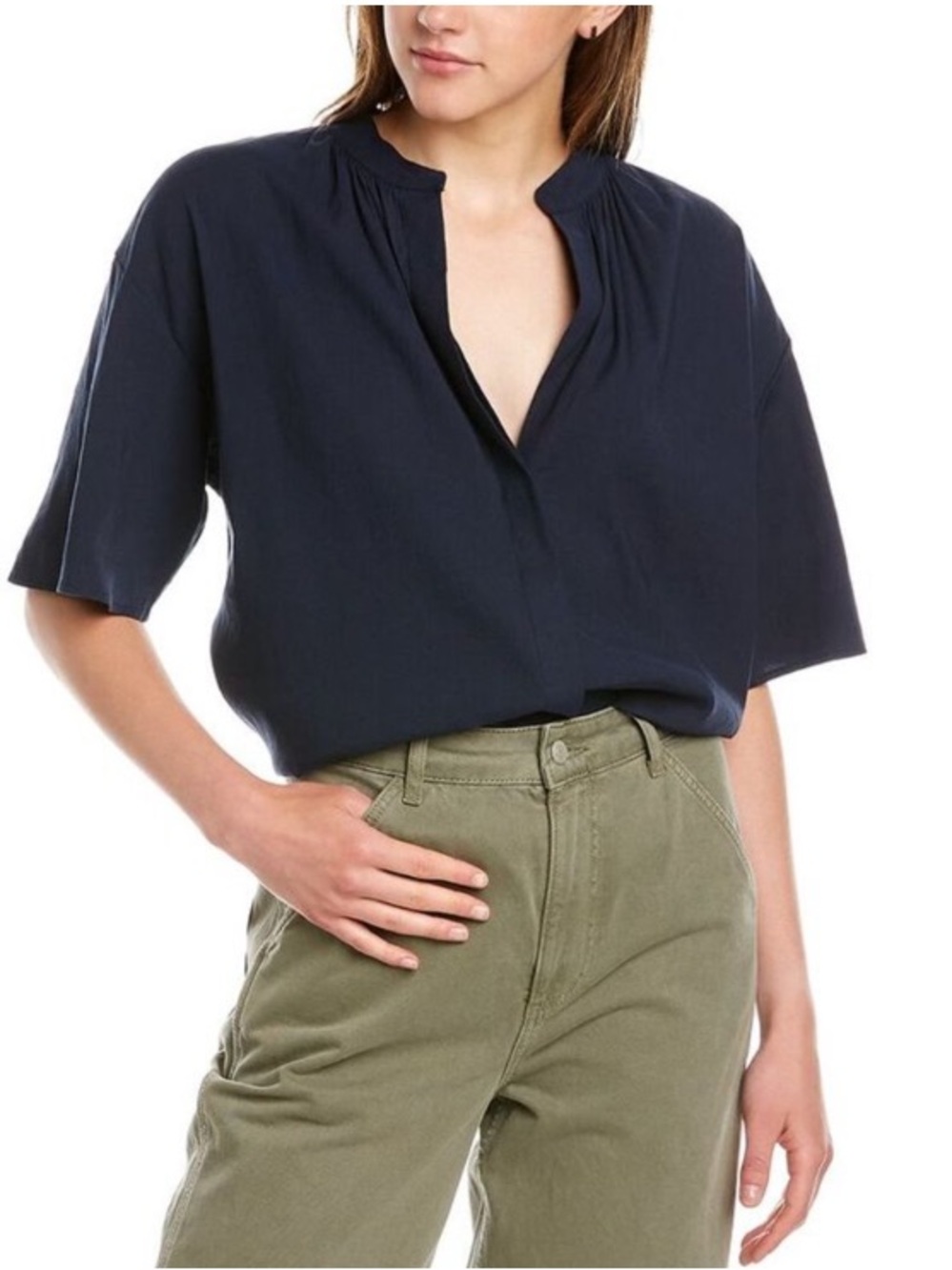 Vince Shirred Band Collar Linen-Blend Blouse Navy Blue Large
